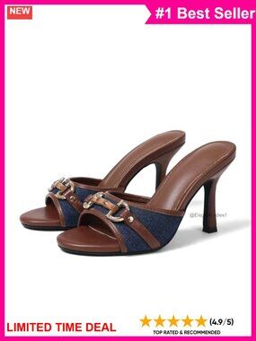 Buckle Heeled Mules Slip On Sandals Open Toe Round Toe Women
